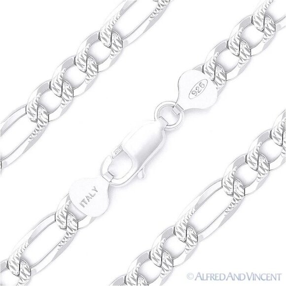 7.8mm Figaro / Figaroa Link D-Cut Pave Italian Chain Bracelet in .925 Sterling S